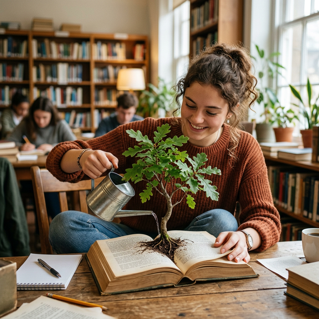 Young woman watering a small tree growing from an open book inside a library